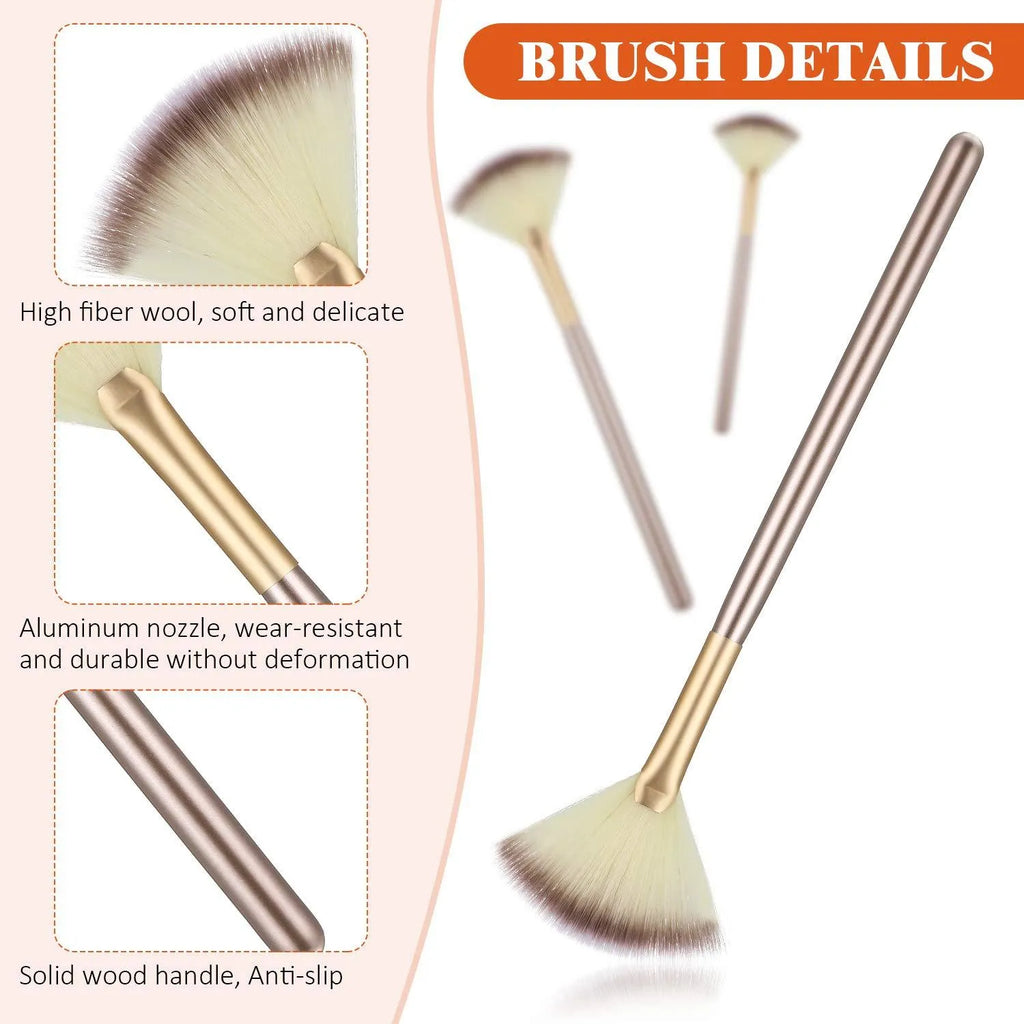 10 professional facial fan brushes with champagne handles and protective covers for makeup and skincare