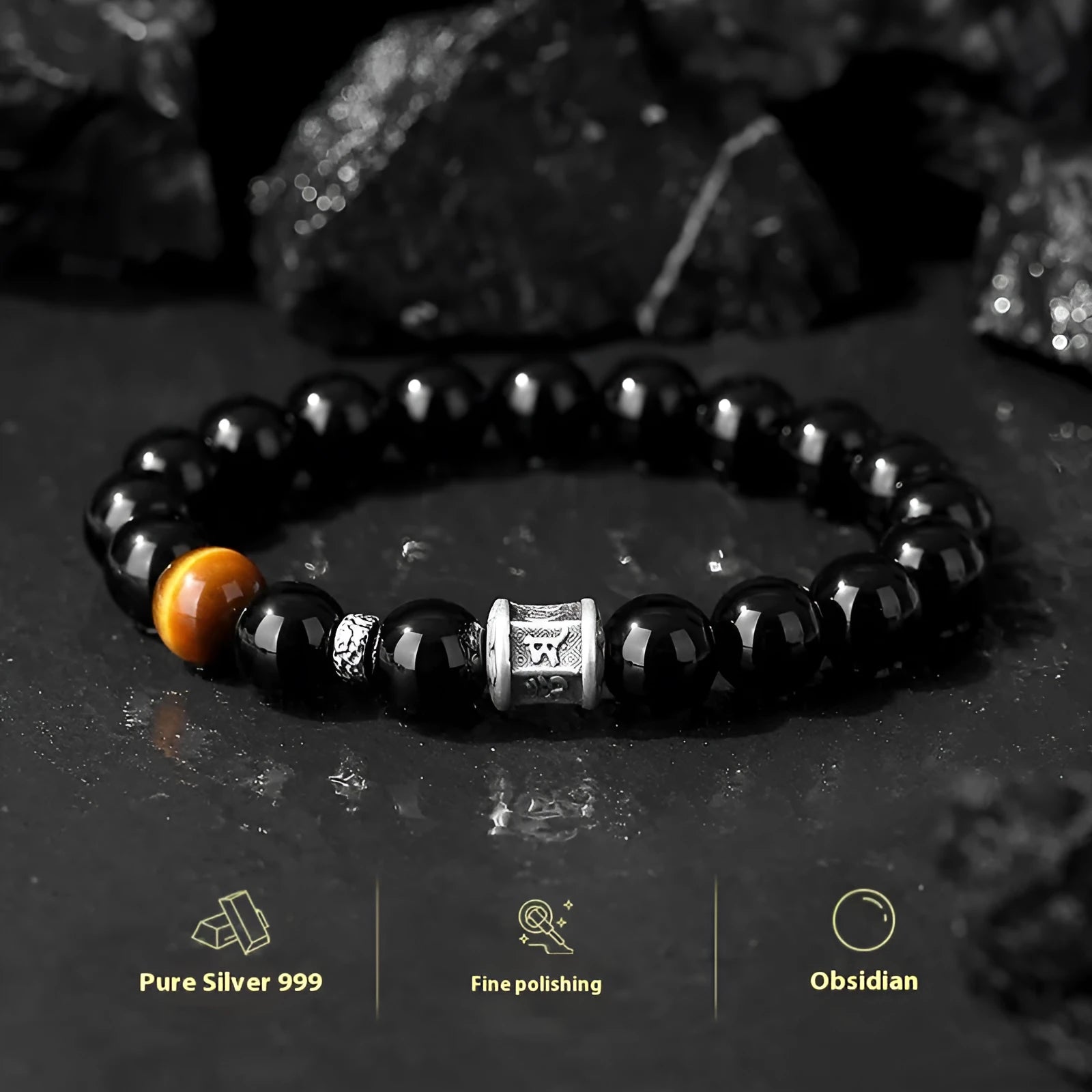 Men's obsidian prayer wheel bracelet with 10mm beads and hand-woven silver elements