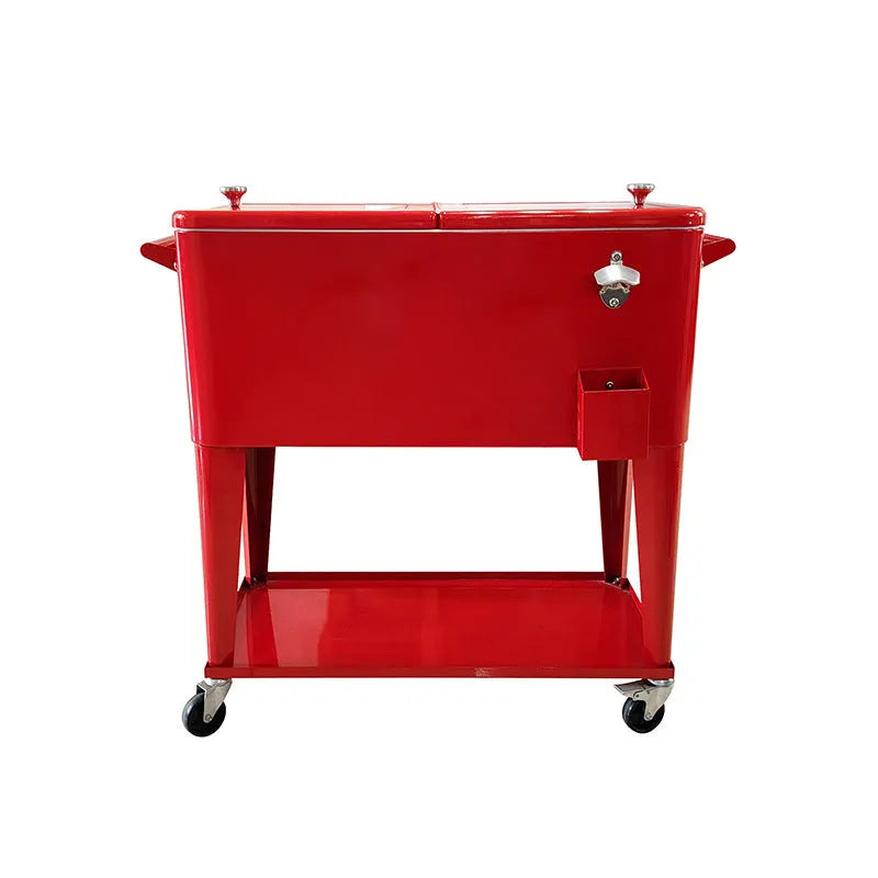 Red metal insulated food trolley with 750ml capacity for outdoor catering and picnics