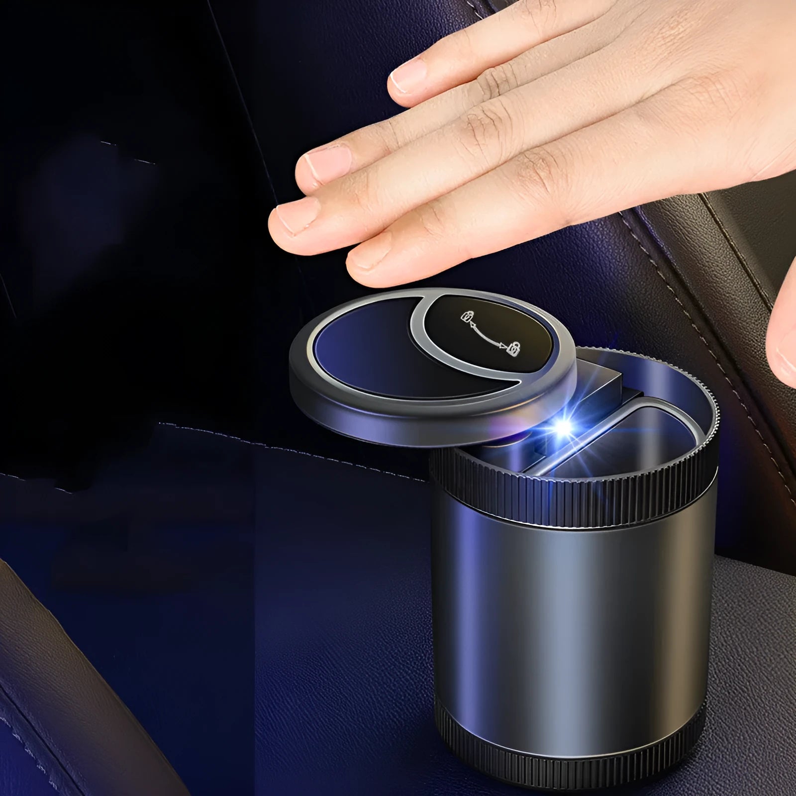 Automatic vehicle ashtray with USB cable and rotating lid in grey colour.