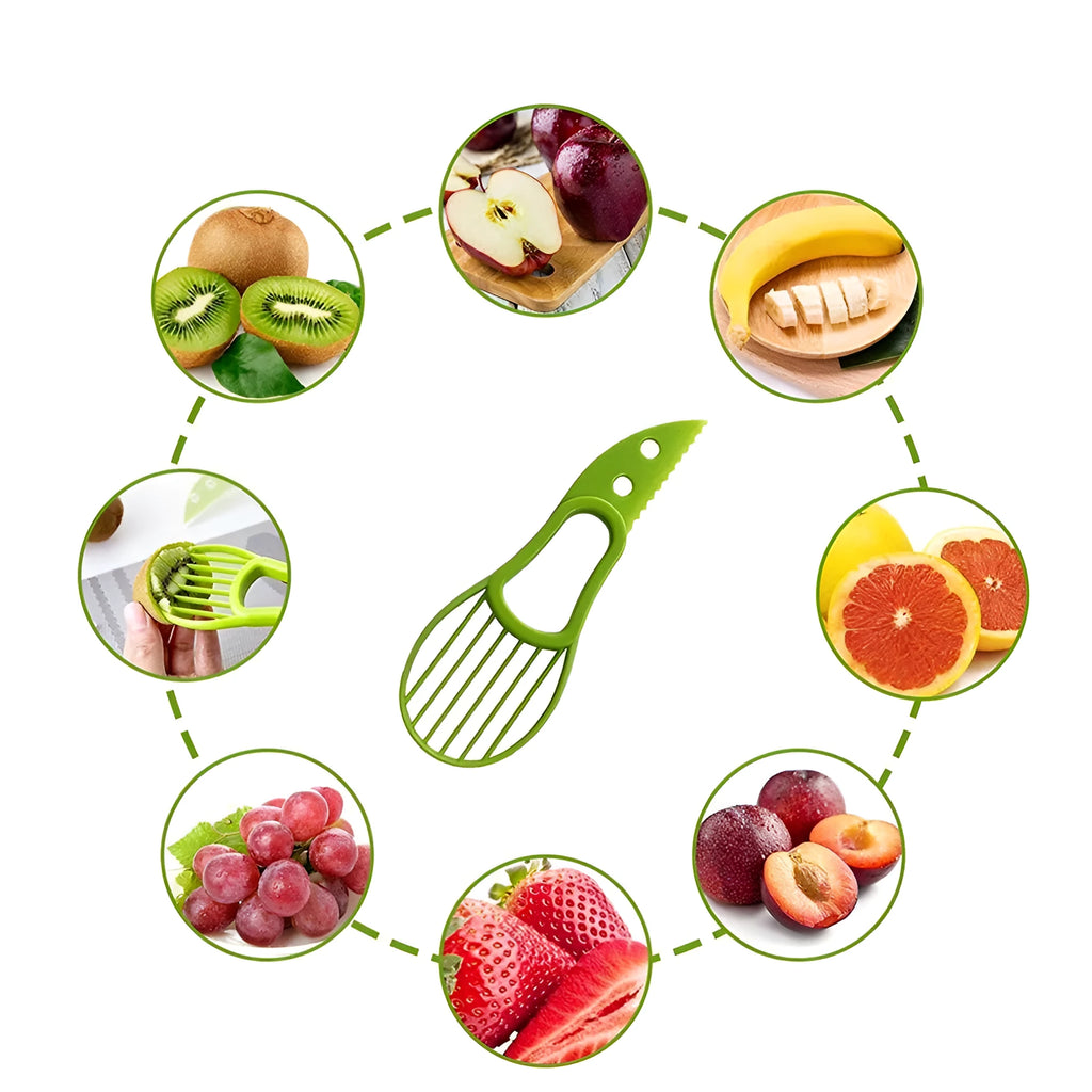 Multifunctional avocado knife in green and orange polypropylene for slicing and peeling fruit