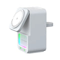Black and white wireless charging station with Bluetooth speaker and magnetic charging surface