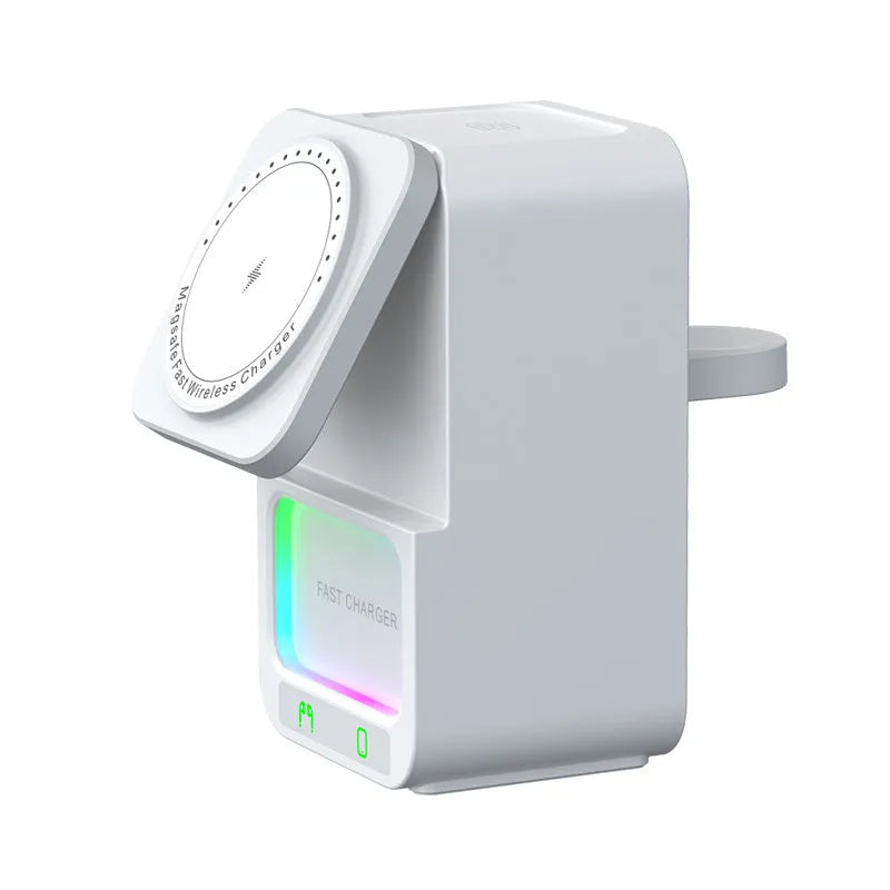 Black and white wireless charging station with Bluetooth speaker and magnetic charging surface