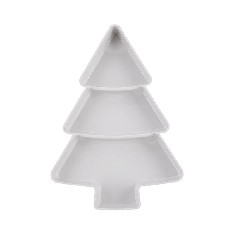 Christmas tree shaped plastic fruit platter and divided snack tray, 25.5 x 18.5cm, in blue, grey, pink or white.