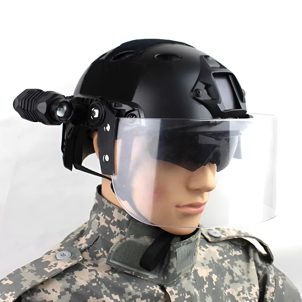 Transparent polycarbonate helmet visor with guide rail mount for face protection