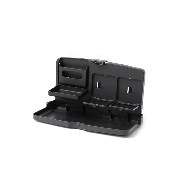 Foldable black car laptop stand with integrated drink holder placed on steering wheel