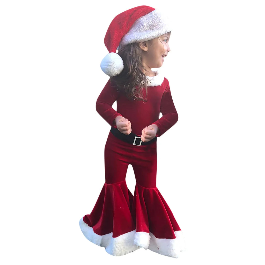 Red Korean velvet children's Christmas three-piece outfit with shirt, bell bottom trousers, and hat for ages 3-8