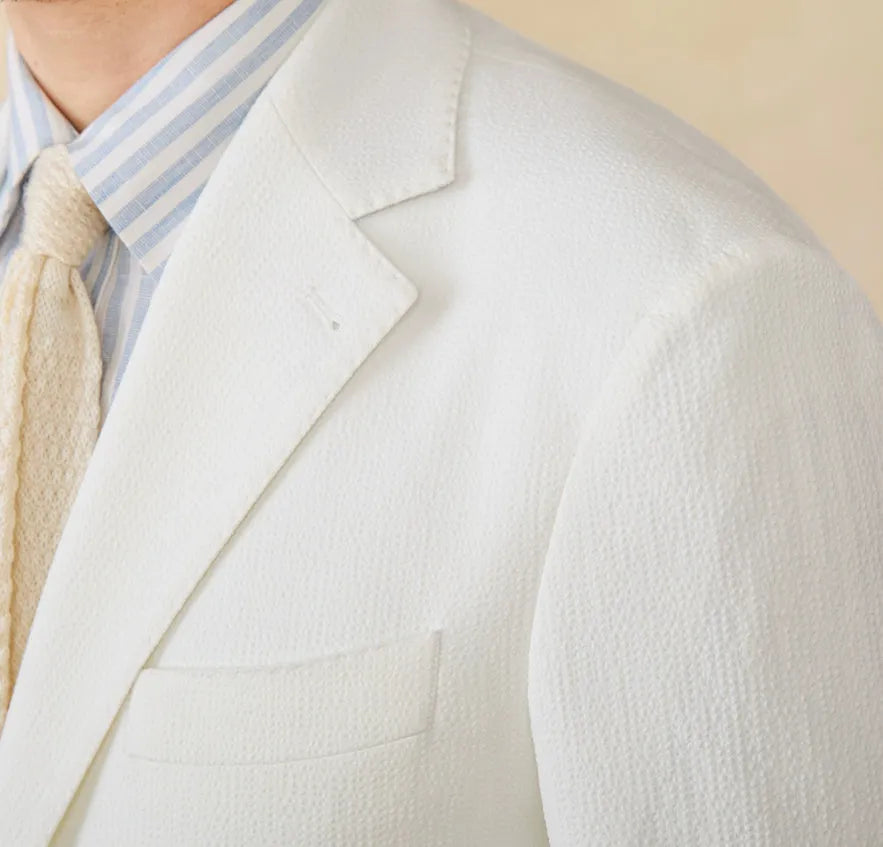 Seersucker single-breasted slim-fit suit jacket, navy blue or white, long sleeve, double rear slits, sizes M-3XL