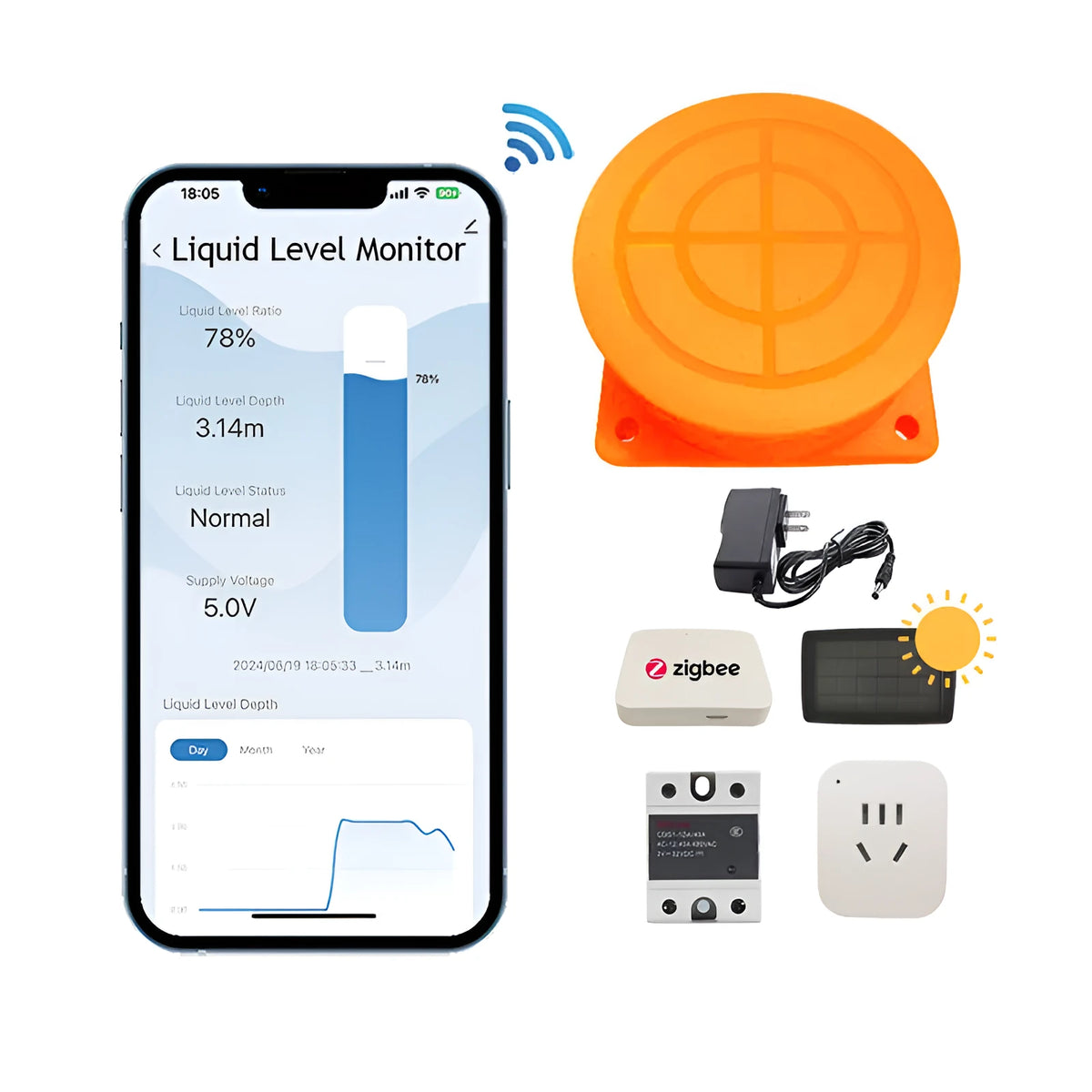 Moray ME201W wireless fluid level sensor with PC housing for remote tank monitoring via smartphone app.