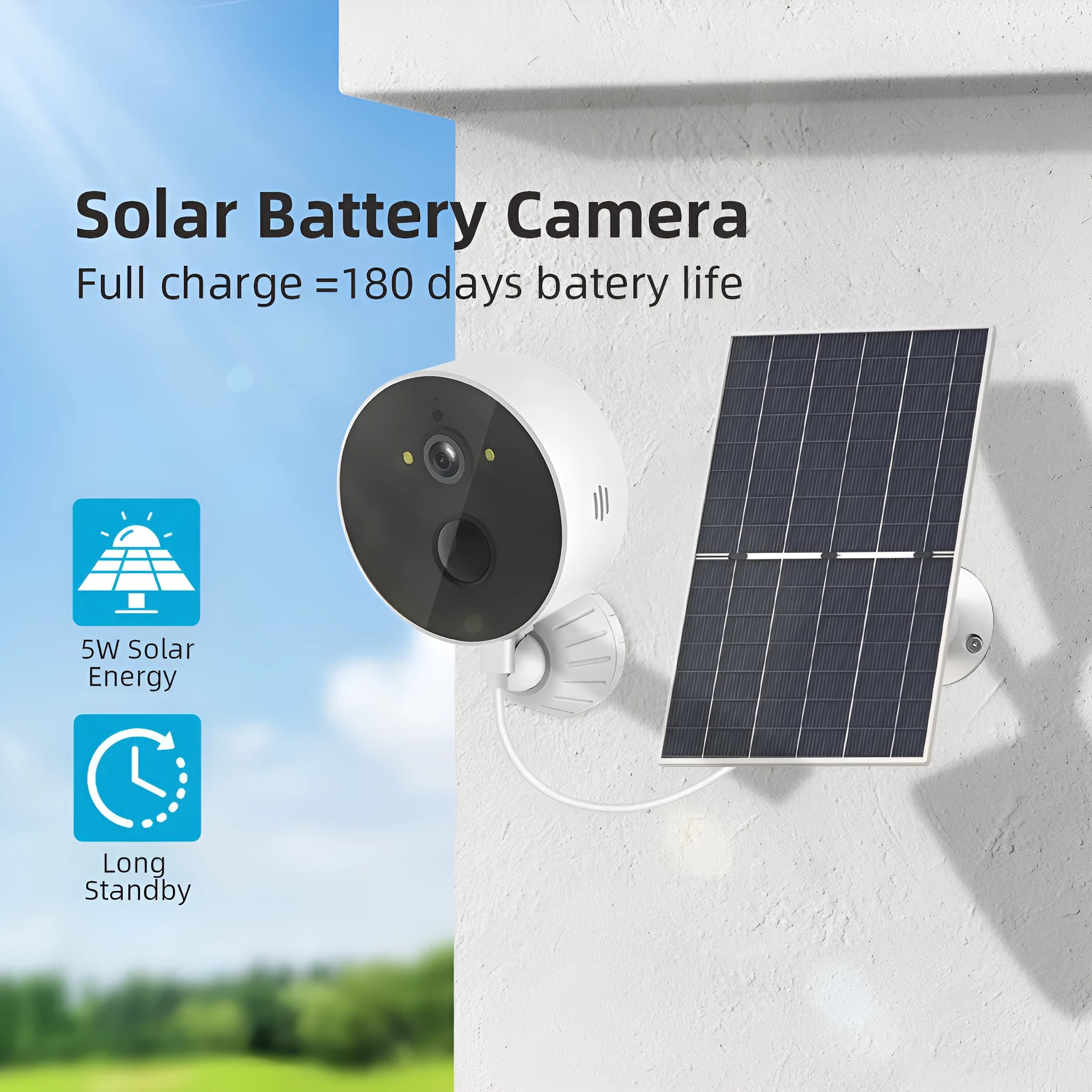 Solar-powered outdoor security camera with solar charging panel