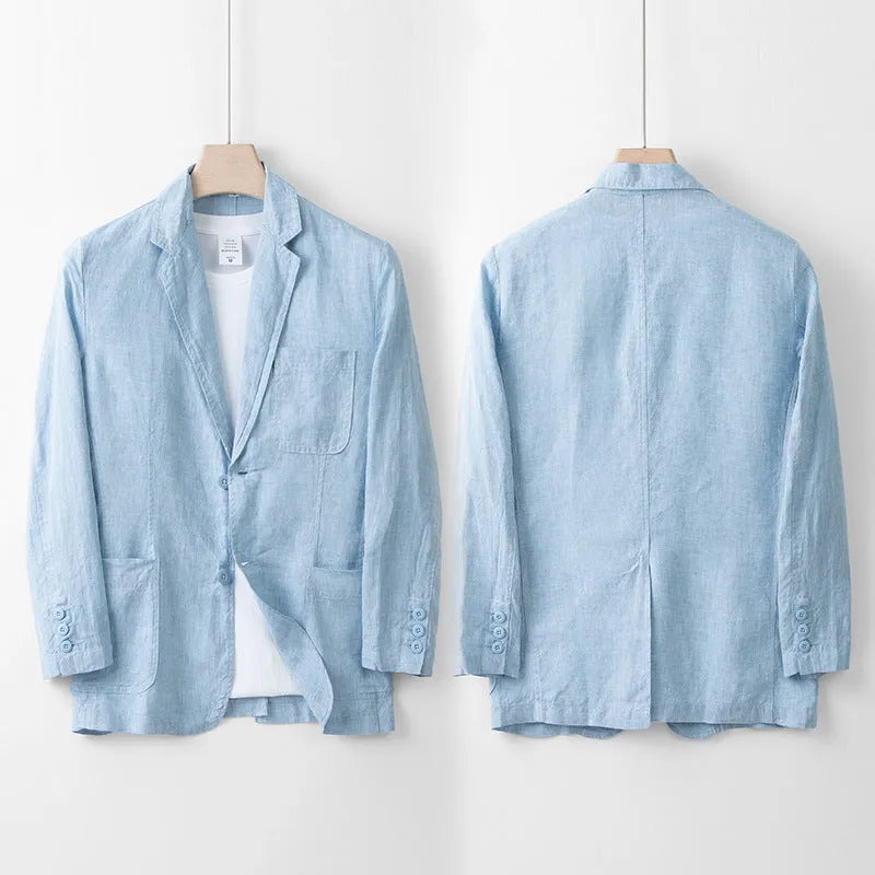 Men's casual linen suit jacket in a solid colour on a hanger, showing long sleeves and a relaxed fit.