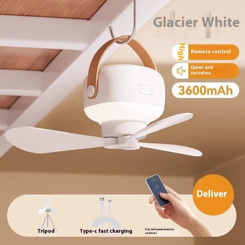 Portable rechargeable ceiling fan with remote control and night light for camping.