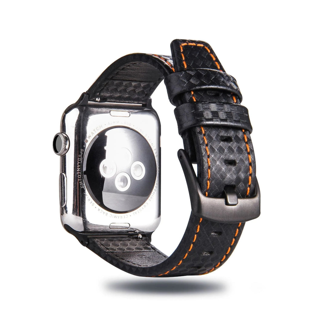 Carbon fibre and leather strap for iPhone watch with PC hard case in black, blue, orange, and red colour options.