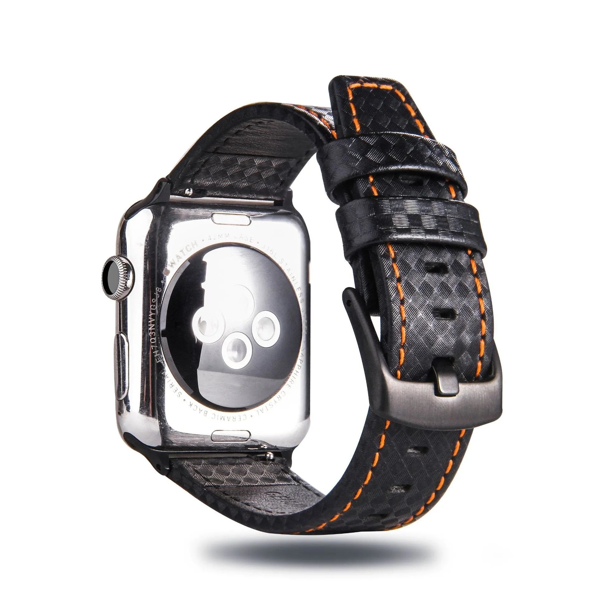 Carbon fibre and leather strap for iPhone watch with PC hard case in black, blue, orange, and red colour options.