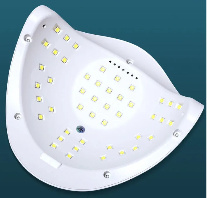 White nail polish drying lamp with dual UV LED light sources and multiple timer buttons