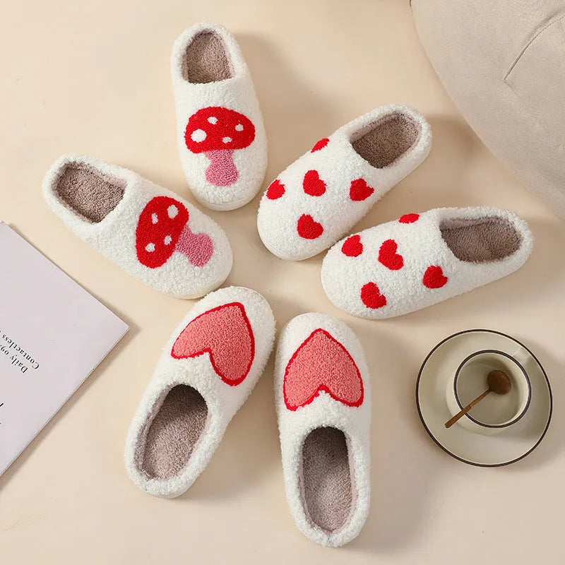 Women's plush cartoon love style home slippers with non-slip PVC sole in Big Love design