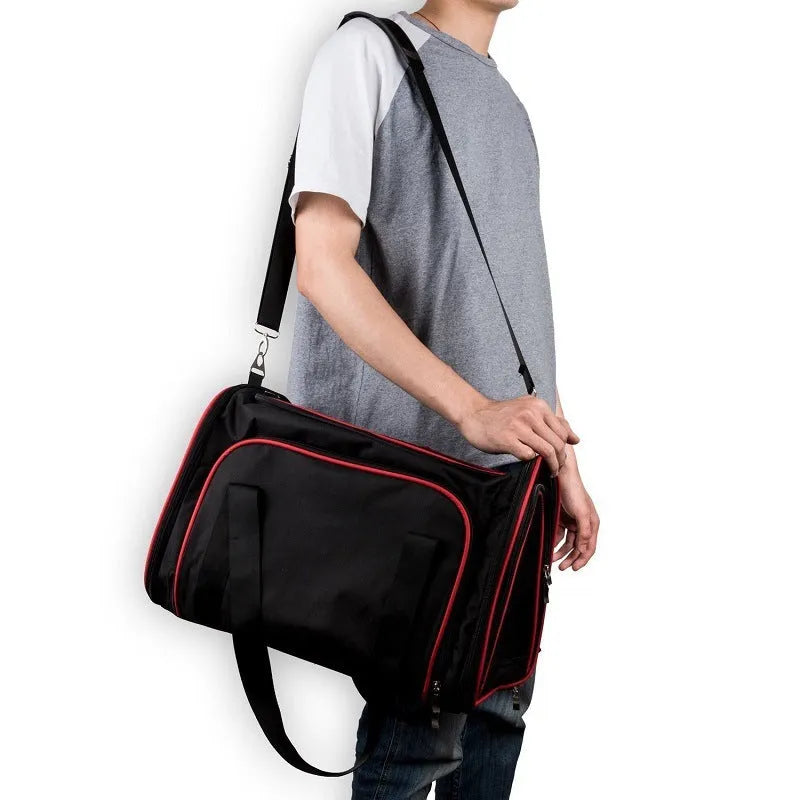 Black pet trolley bag with grey-blue border, mesh panels, size 46x28x28cm for pets up to 7.5kg