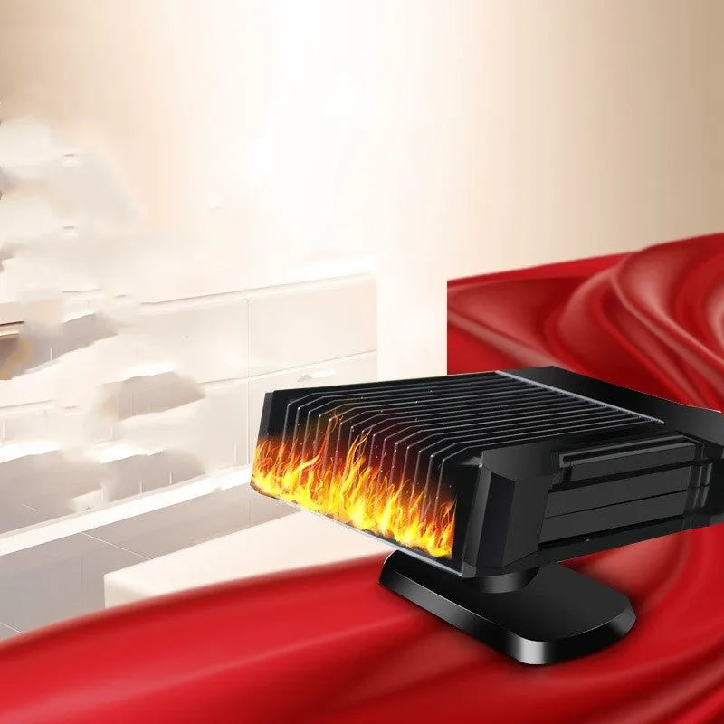 Black ABS plastic 12V car heater defroster with cigarette lighter plug for windscreen defrosting and summer fan use.
