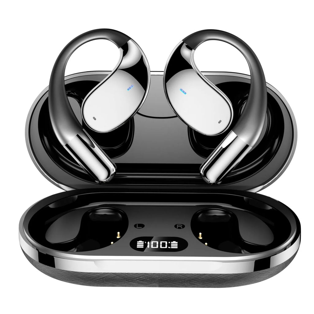 Black sports Bluetooth earphones with creative ear-mounted design and digital display.
