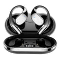 Black sports Bluetooth earphones with creative ear-mounted design and digital display.