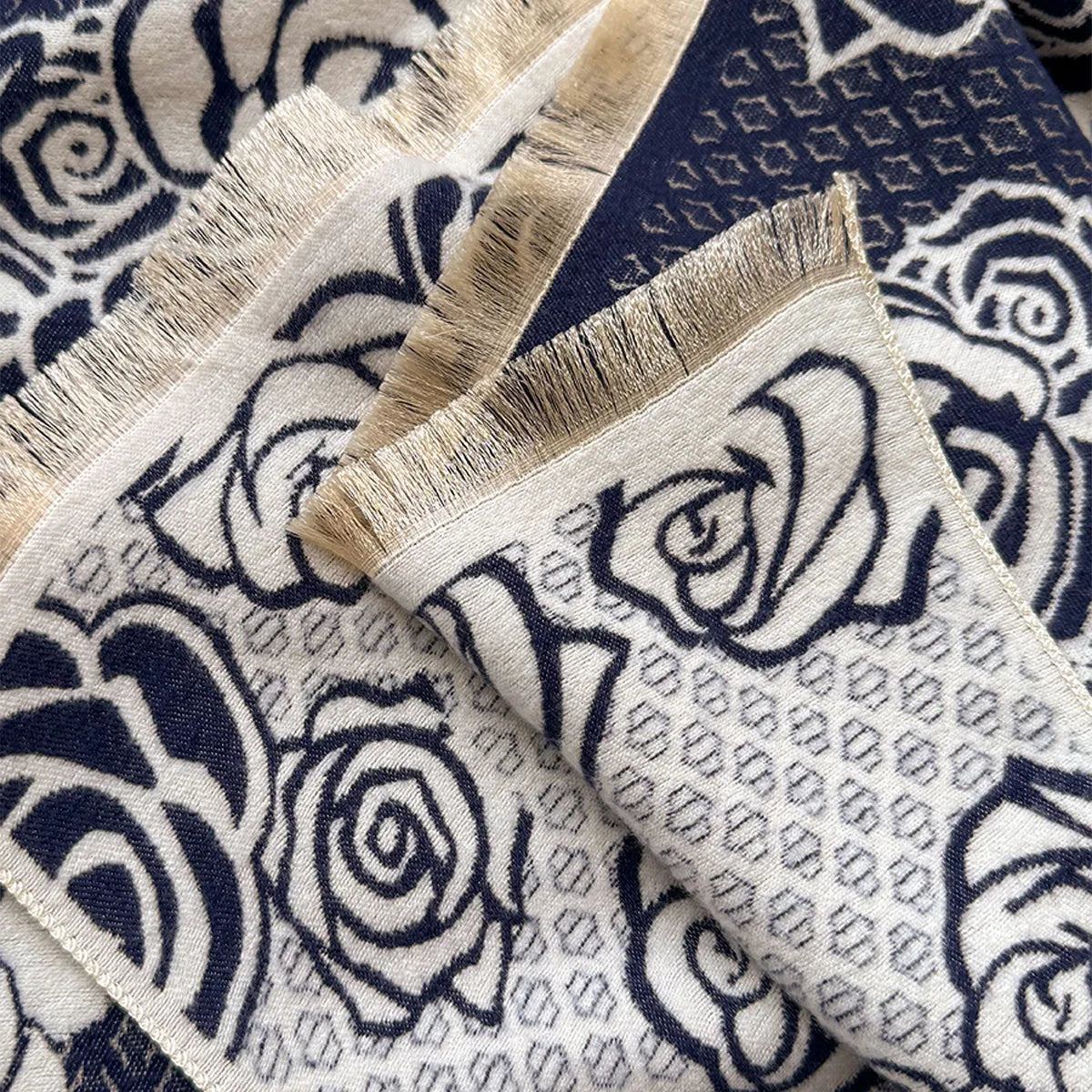 Imitation cashmere scarf with tassel trim in grey, black, blue, or khaki colours measuring 185cm by 65cm