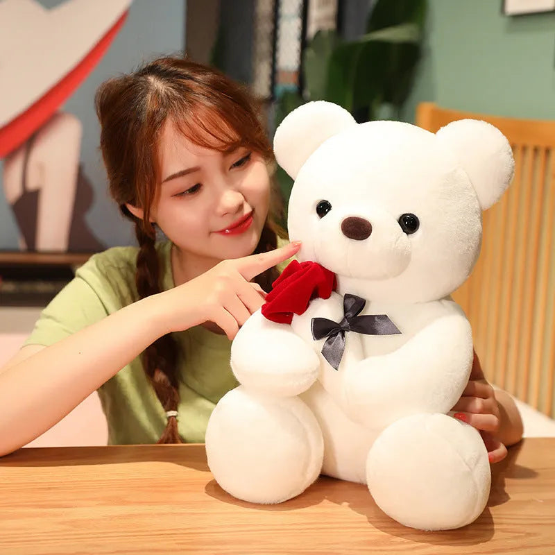 Rose bear plush teddy bear pillow in soft short plush fabric with PP cotton filling