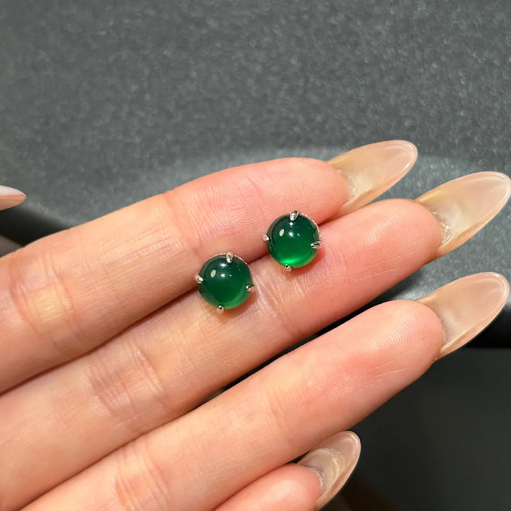 S925 sterling silver green chalcedony stud earrings with platinum electroplating and geometric round shape