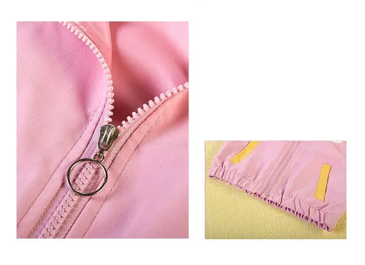 Children's hooded zip jacket in rabbit coat pink with front zipper and attached hood on child model