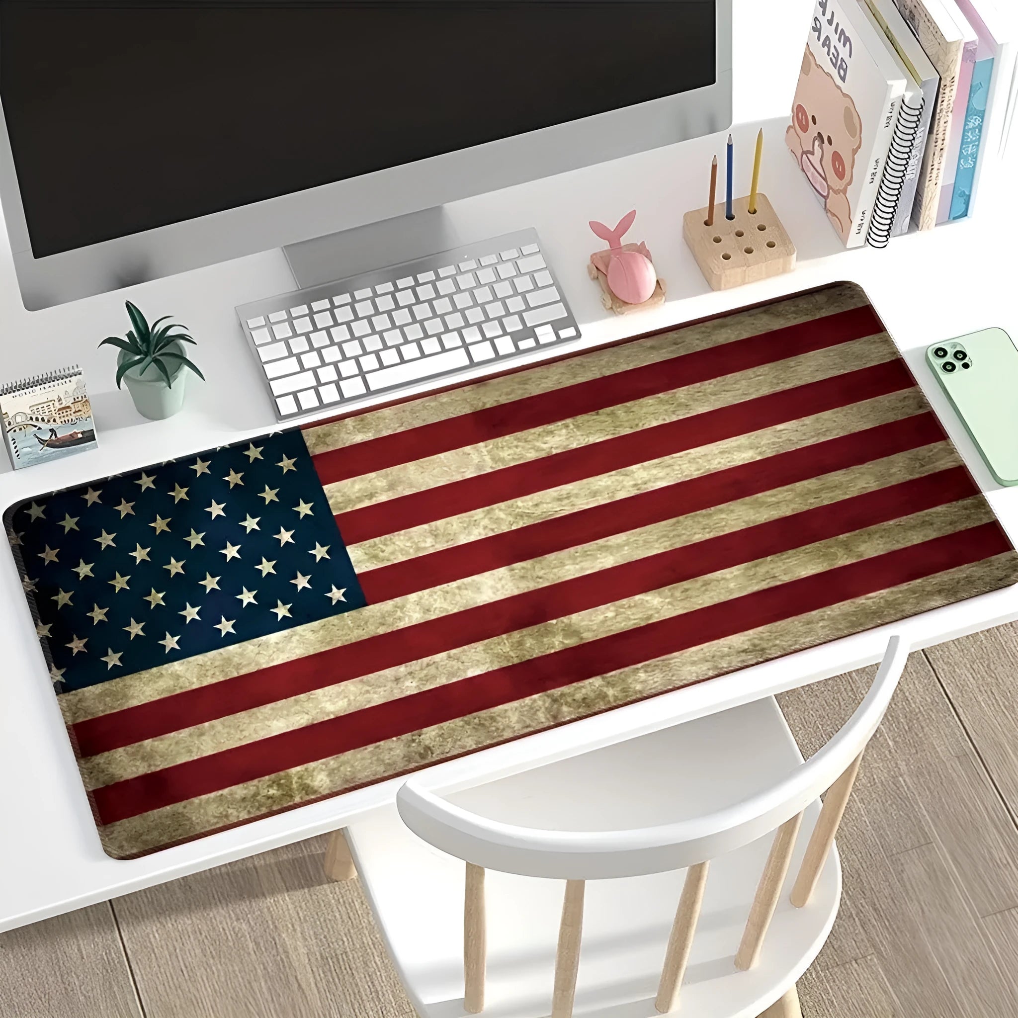 Large rectangular desk pad with printed pattern and natural rubber non-slip base for office or gaming desks.