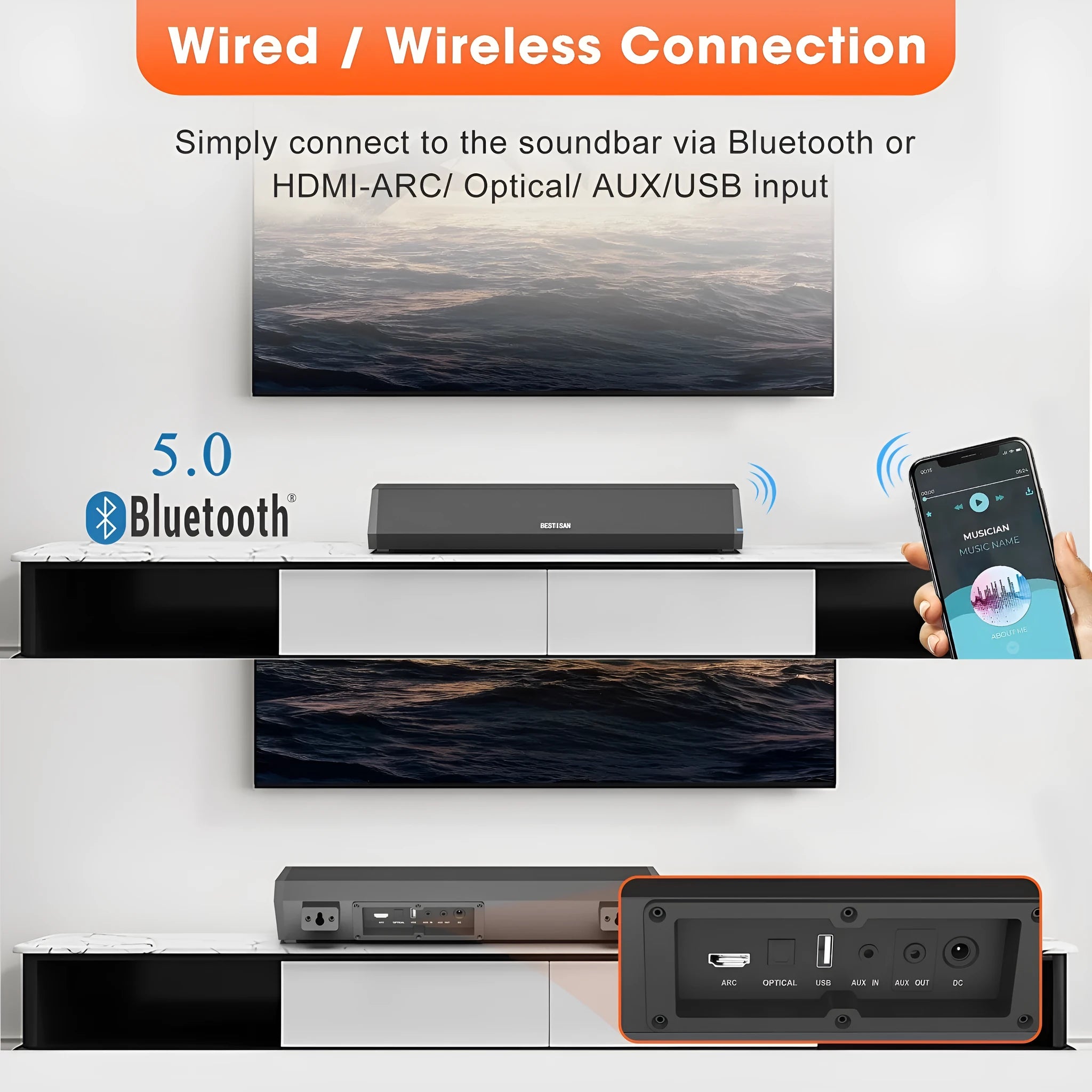 Black small wholesale echo wall soundbar bar TV speaker with 40W power and HDMI inputs, dimensions 420mm x 109mm x 72mm