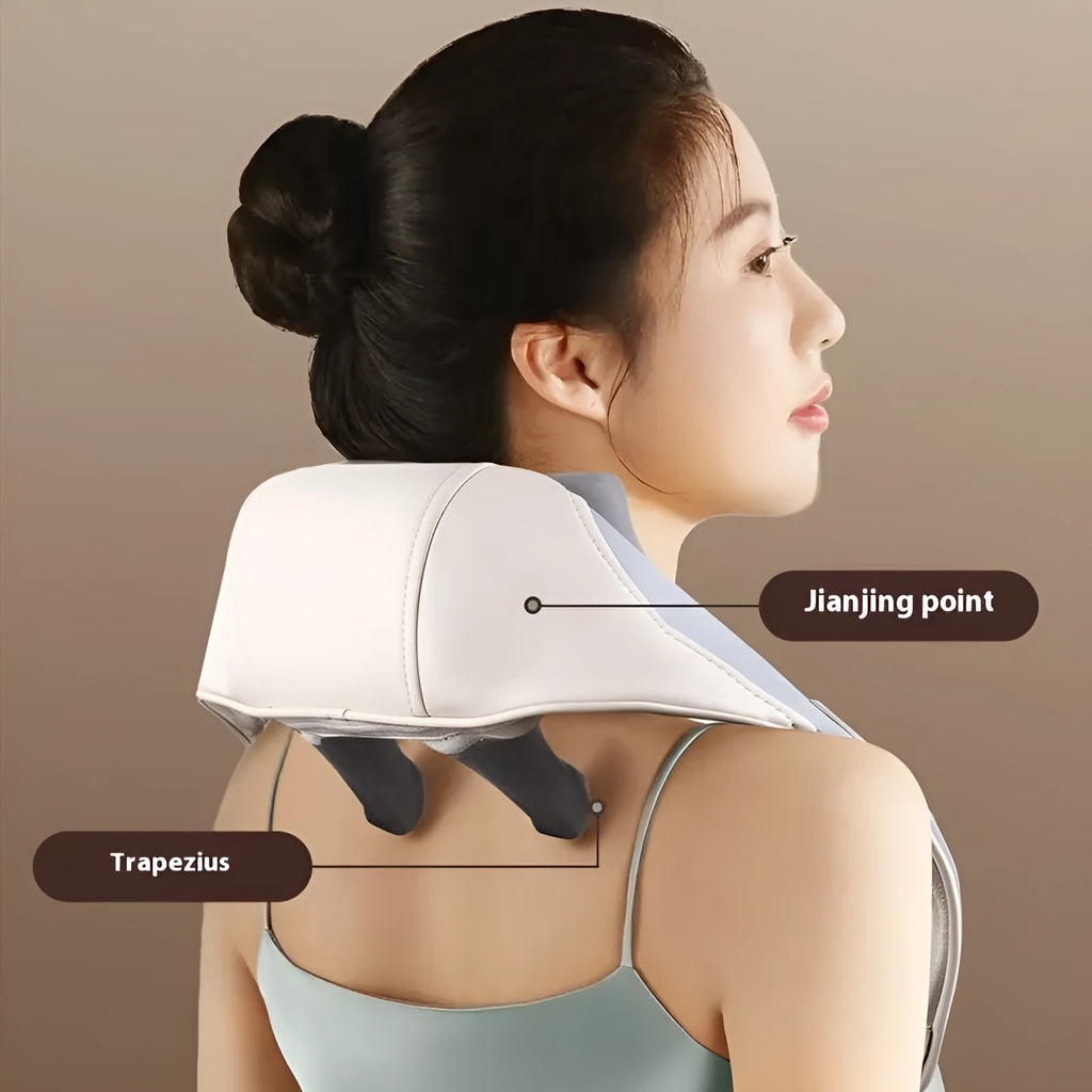 Blue foldable electric neck and back massager with rechargeable battery on a table