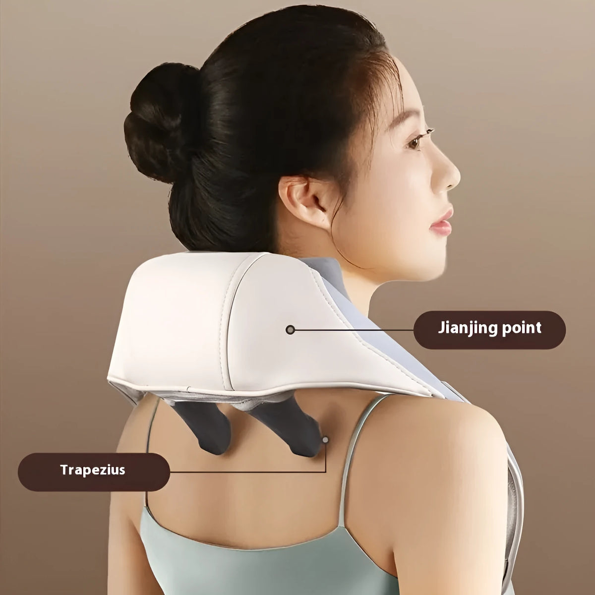 Blue foldable electric neck and back massager with rechargeable battery on a table