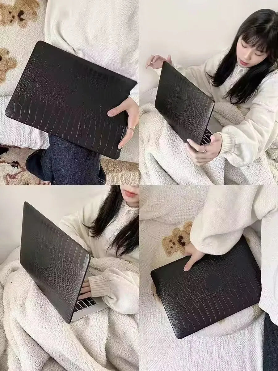 Crocodile pattern laptop protective case for MacBook Pro and Air in black, white or soft pink with hollow Apple logo.