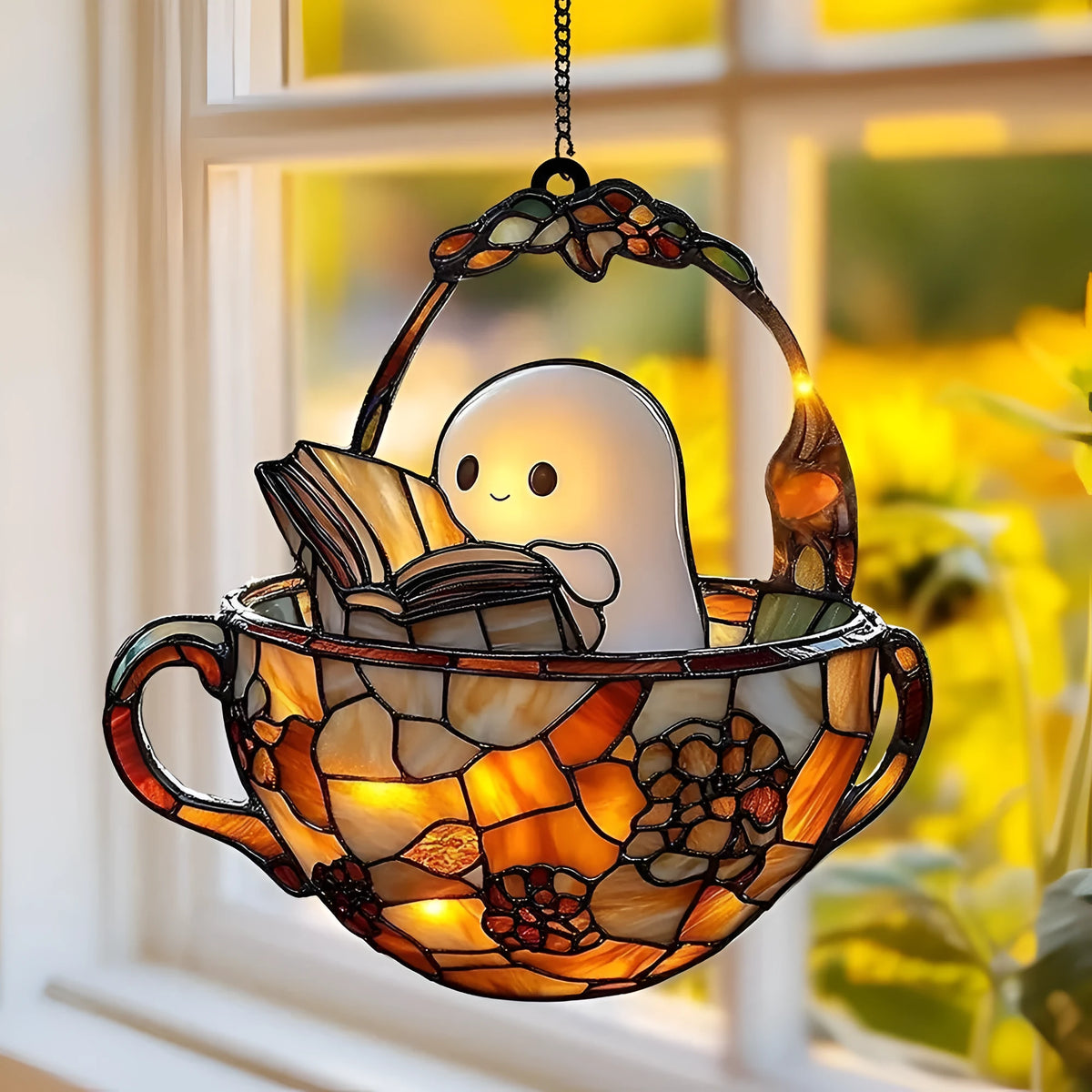 Acrylic ghost reading book suncatcher pendant in American style, available in three ghost designs