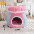 Grey mushroom-shaped plush cat nest with a detachable blanket on a wooden floor.