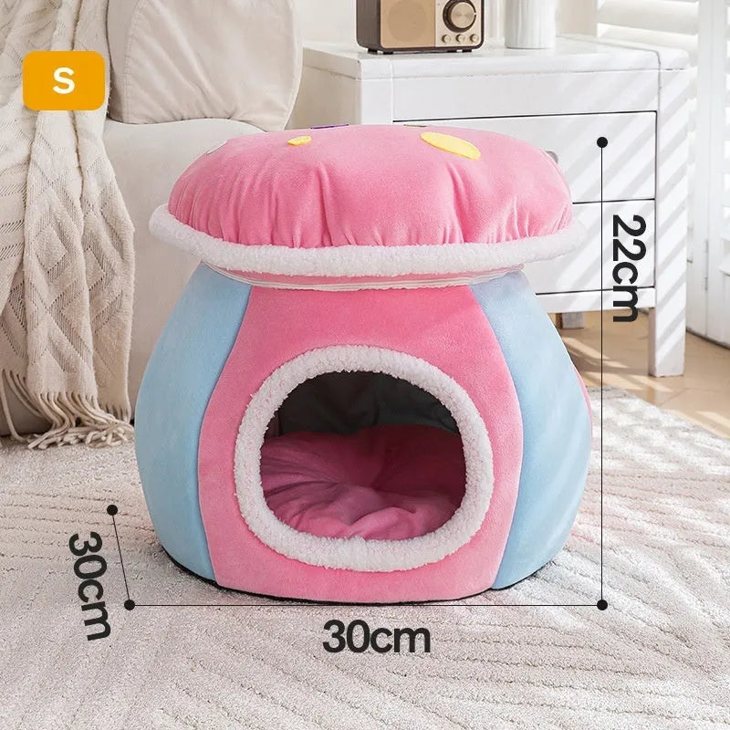 Grey mushroom-shaped plush cat nest with a detachable blanket on a wooden floor.