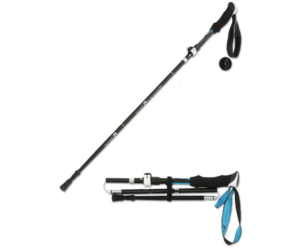 Folding telescopic trekking pole in aluminium alloy, adjustable 36-130cm, shown in black yellow and black blue colour options
