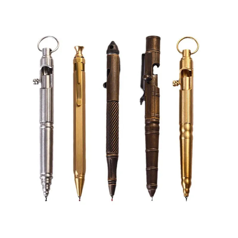 Brass tactical pen with retro colour and bolt-action press mechanism