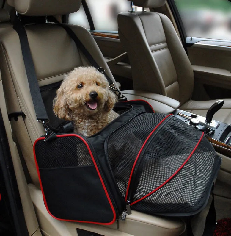 Black pet trolley bag with grey-blue border, mesh panels, size 46x28x28cm for pets up to 7.5kg