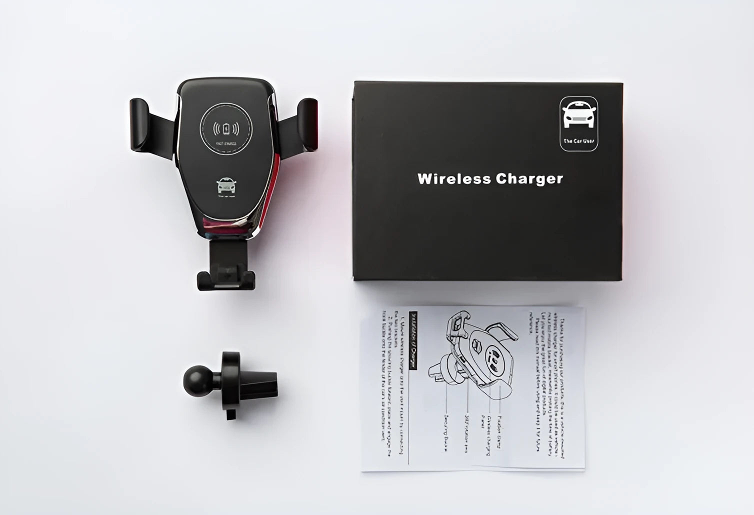 Black car wireless charger mount holding iPhone with automatic clamping arms on car vent