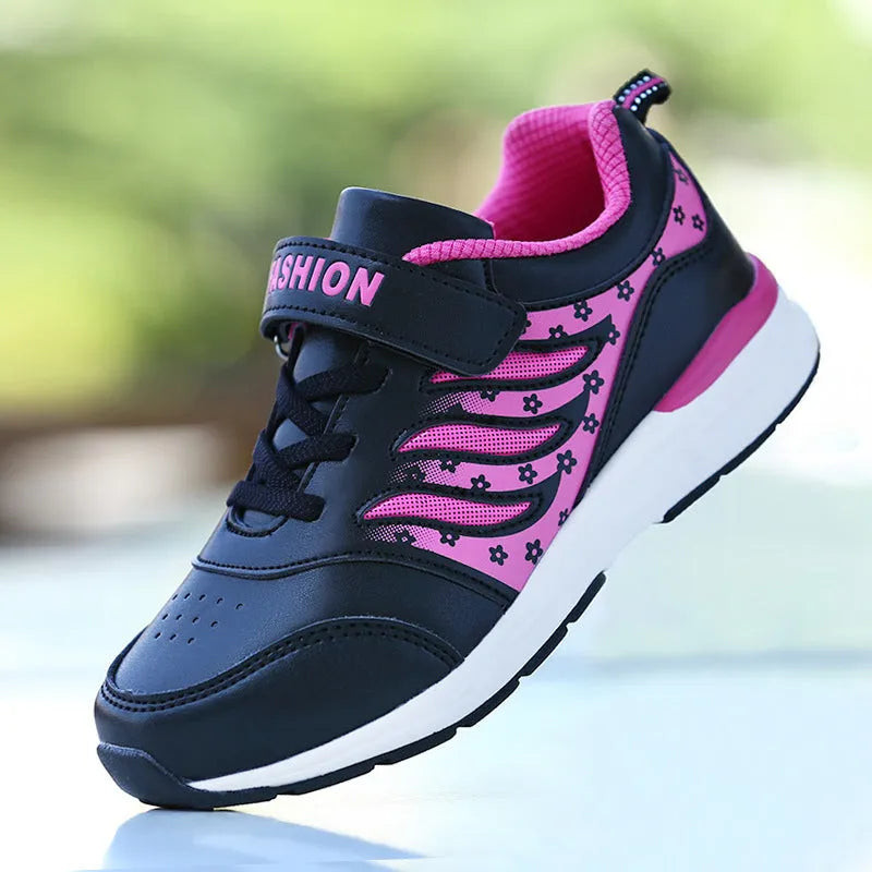 Kids soft sole sneakers in pink, purple, or black with faux leather upper, rubber sole, lace-up bandage design, mid heel 3-5cm, sizes 26-37