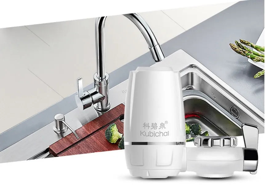 White plastic faucet water filter with ceramic cartridge and universal adapter for kitchen tap