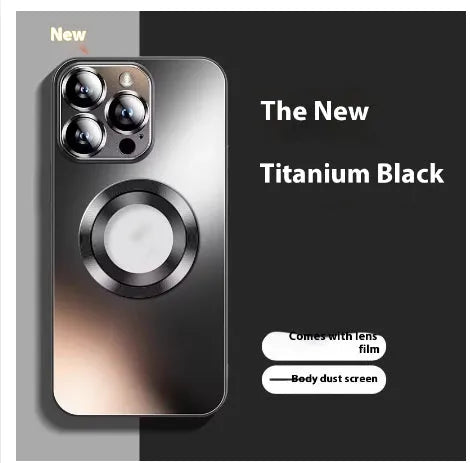Frosted magnetic glass phone case for iPhone 15 and 16 in titanium, black, blue, and purple colours.