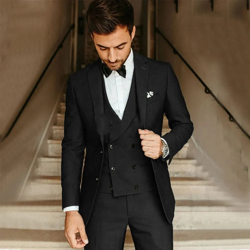 Men's cotton swallowtail suit set including jacket, vest, and trousers in black