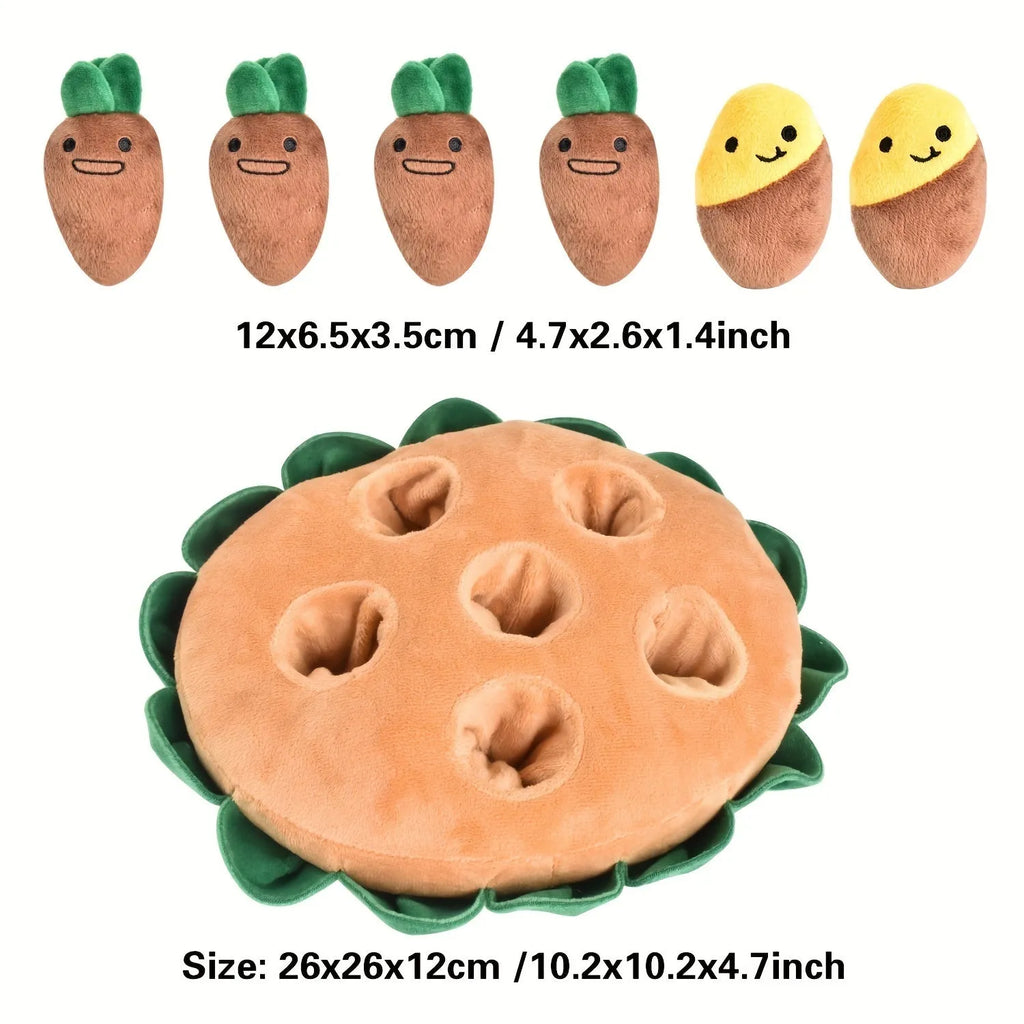 Yellow interactive dog puzzle toy pad with removable plush toys on a 45 cm square polyester mat