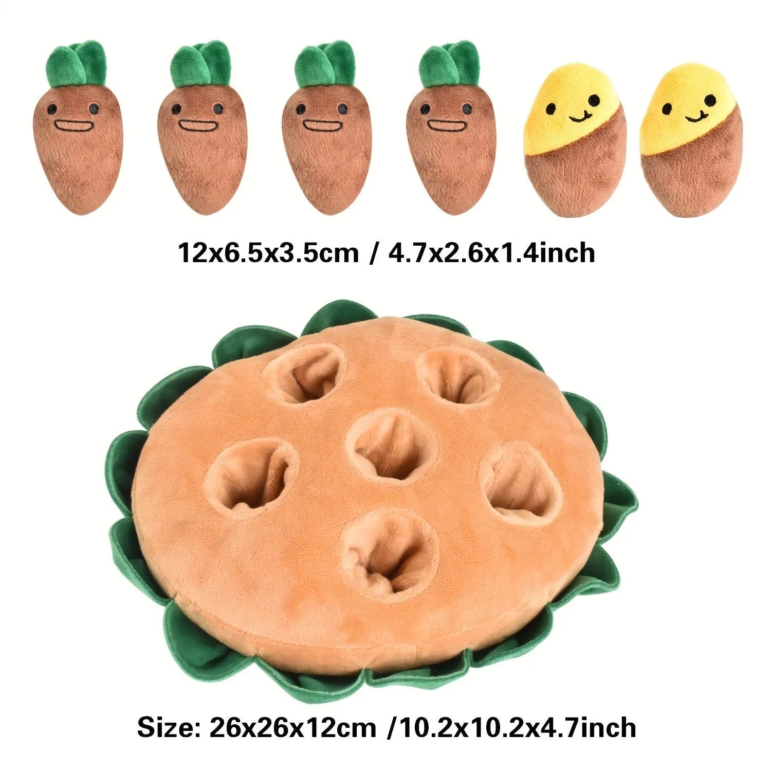 Yellow interactive dog puzzle toy pad with removable plush toys on a 45 cm square polyester mat
