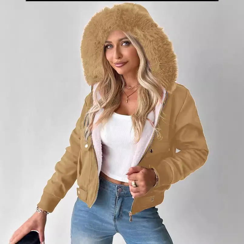 Women's hooded jacket with furry lining, polyester, long sleeve, available in five colours and sizes S-XXL