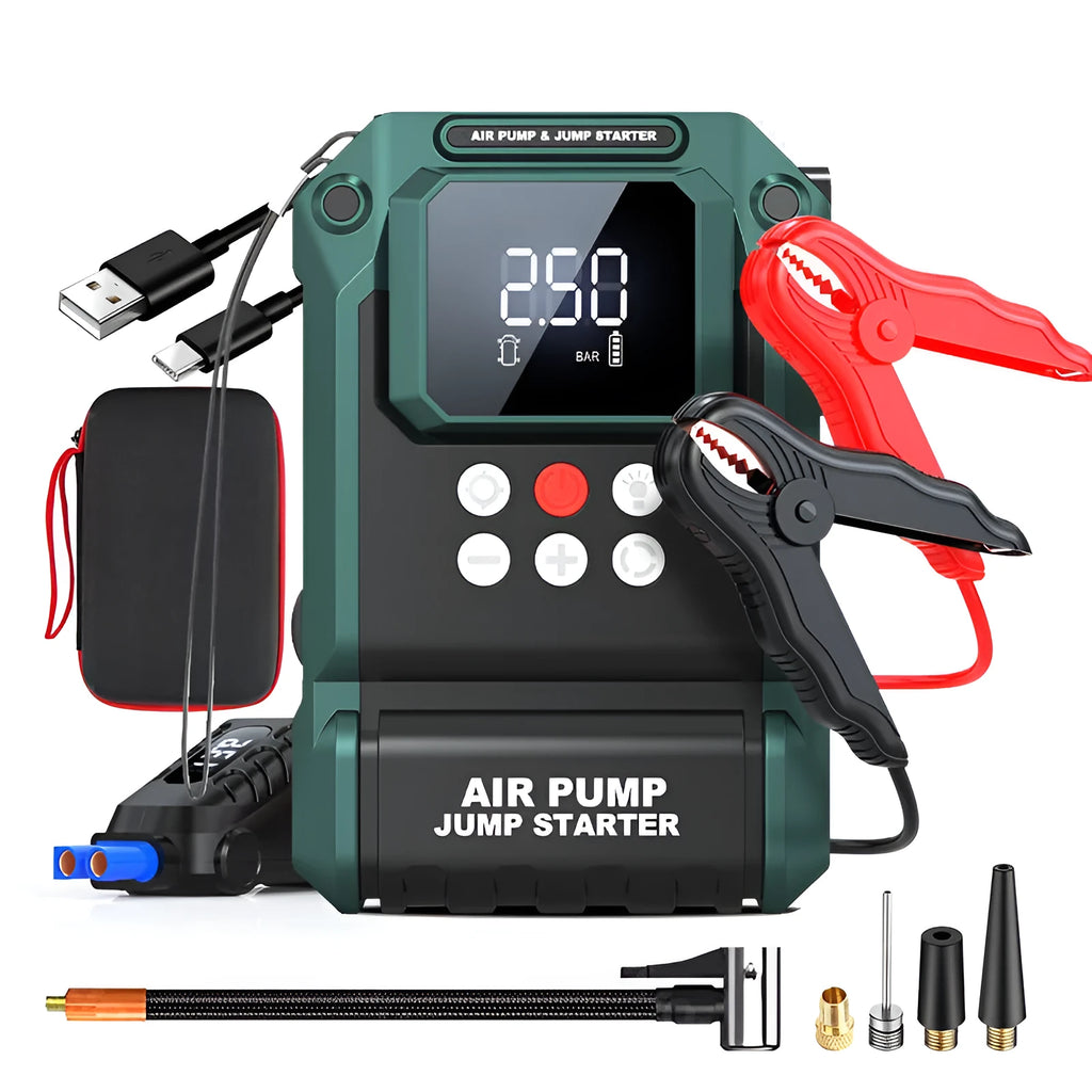 Emergency starting power supply S400 8000mAh with smart clip jumper, air pump hose, and four valve pieces