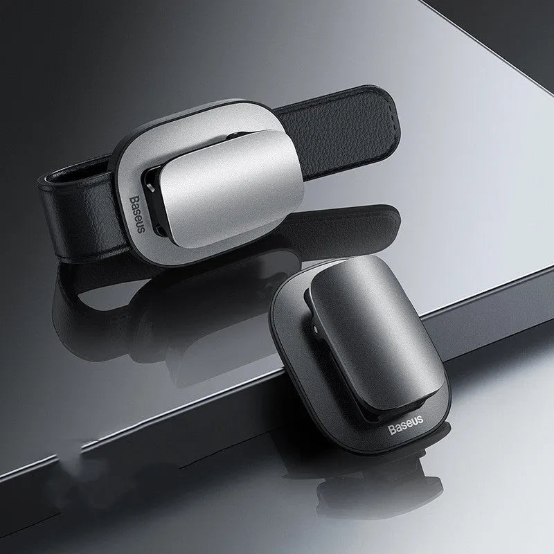 Multi-function glasses frame holder in metal and ABS, black and silver finish, for spectacles, tickets, and documents.