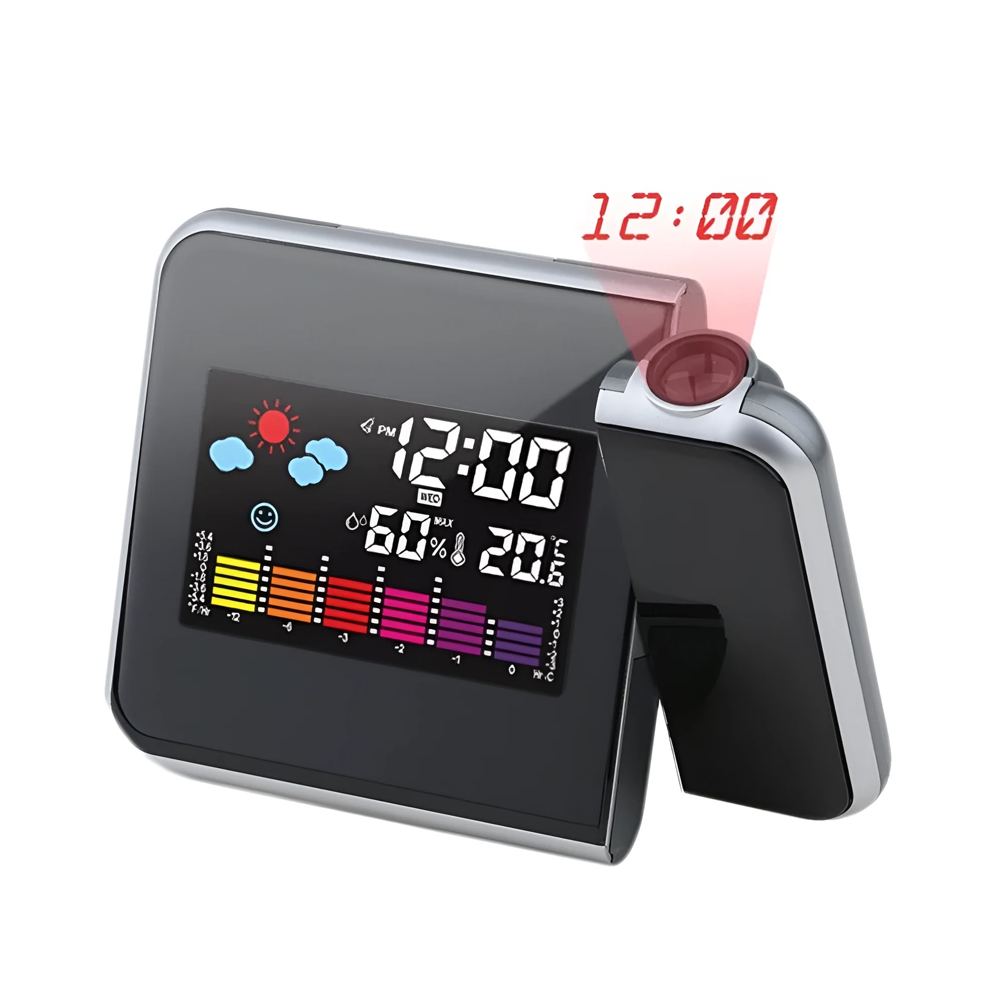 Black digital projection alarm clock with LED display showing time, temperature, and humidity.
